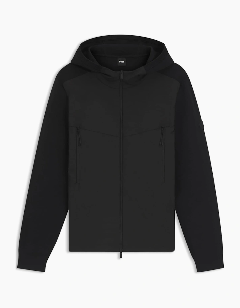Solid Patterned Hooded Ribbed Cuff Rain Jacket with Logo Badge