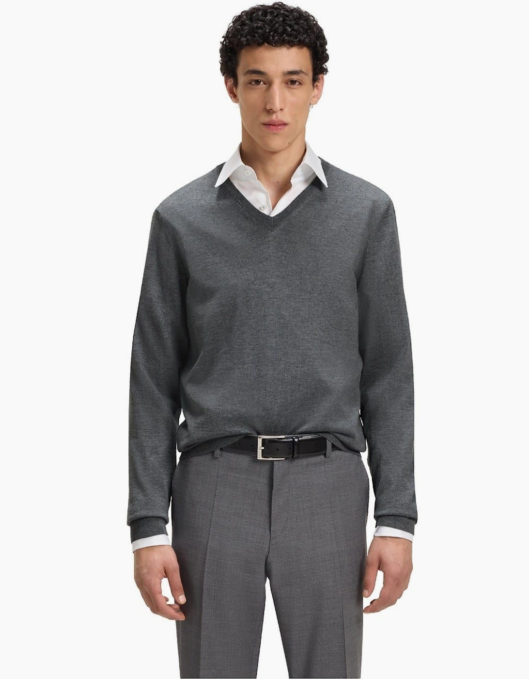 Hugo Boss Men's V-Neck Long Sleeve Regular Fit Sweater - Grey - Size, 46