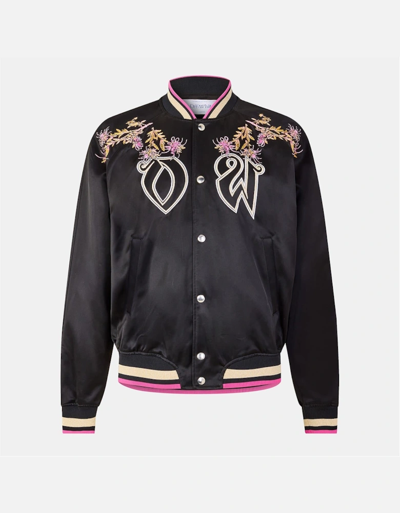 Embroidered Lettering Snap Button Ribbed Cuff Varsity Jacket