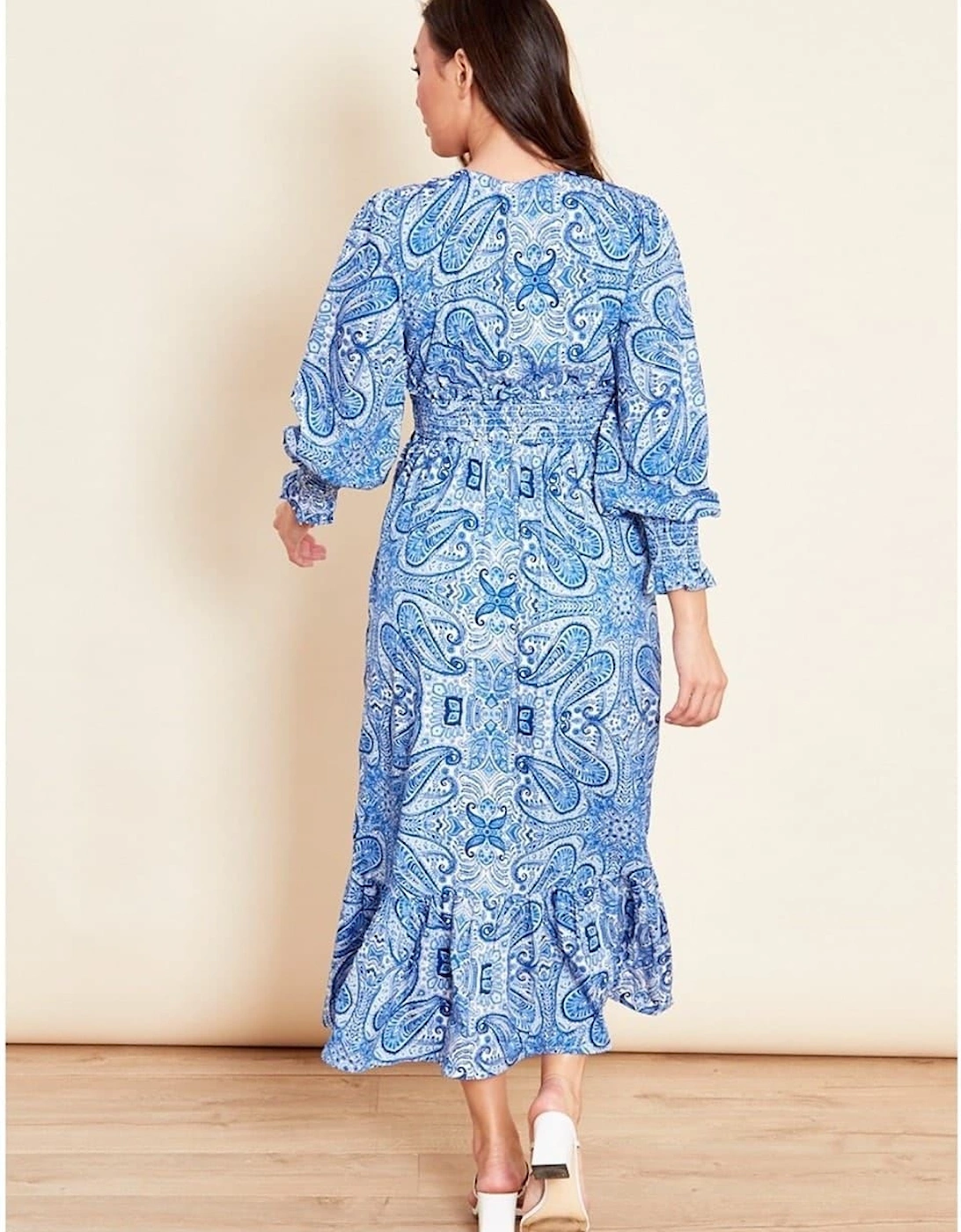 Shirred V-Neck Long Sleeve Maxi Dress