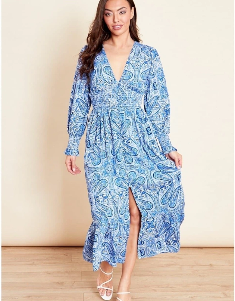 Shirred V-Neck Long Sleeve Maxi Dress