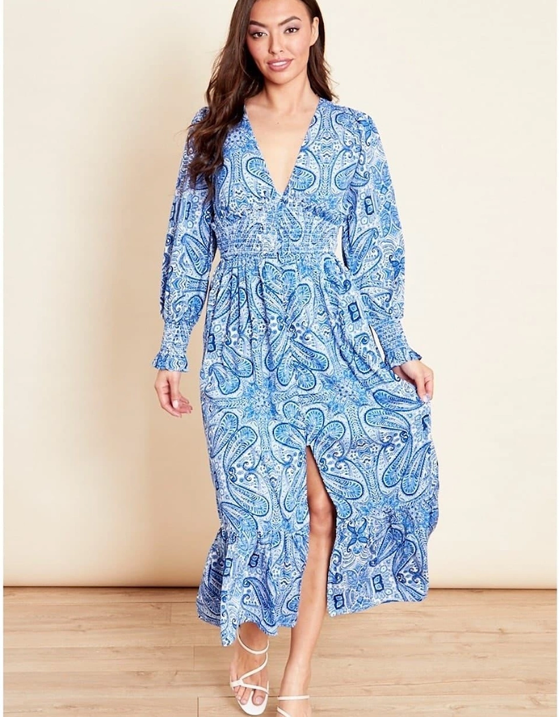 Shirred V-Neck Long Sleeve Maxi Dress, 3 of 2