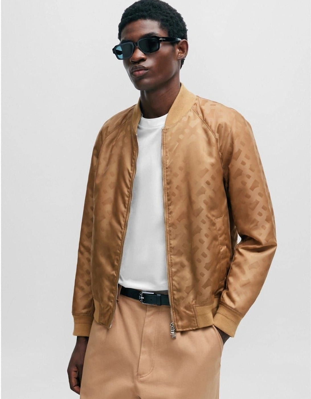 Geometric Patterned Ribbed Cuff Bomber Jacket