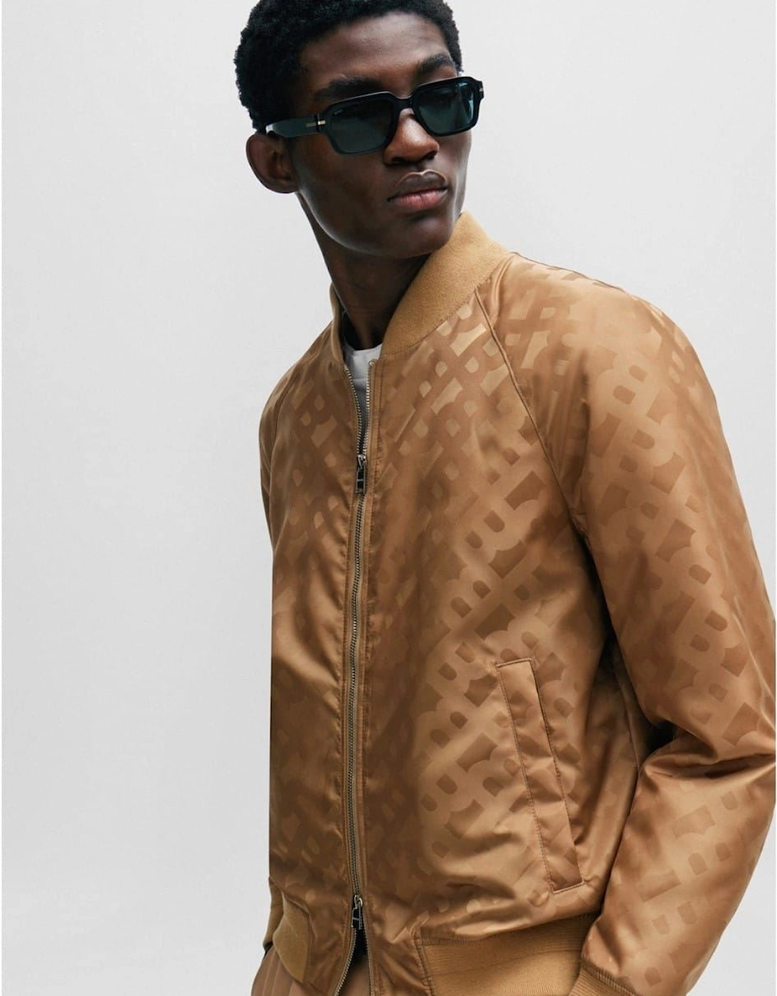 Geometric Patterned Ribbed Cuff Bomber Jacket