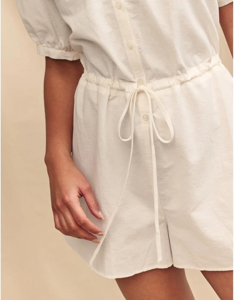 Drawstring Short Puff Sleeve Solid Patterned Playsuit