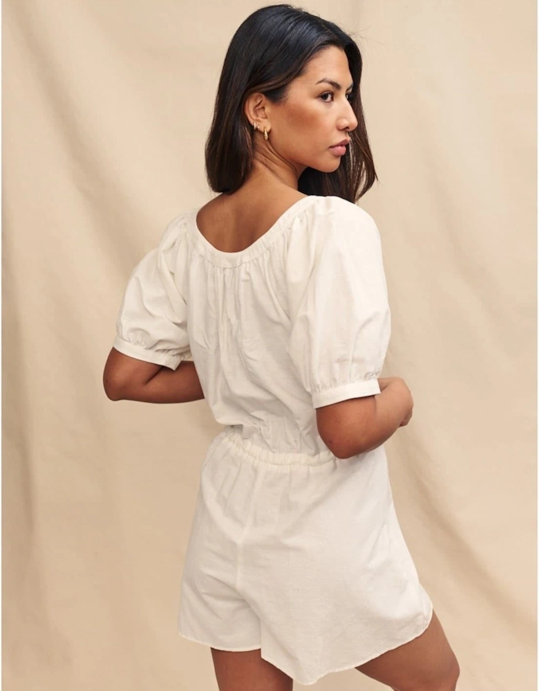 Drawstring Short Puff Sleeve Solid Patterned Playsuit