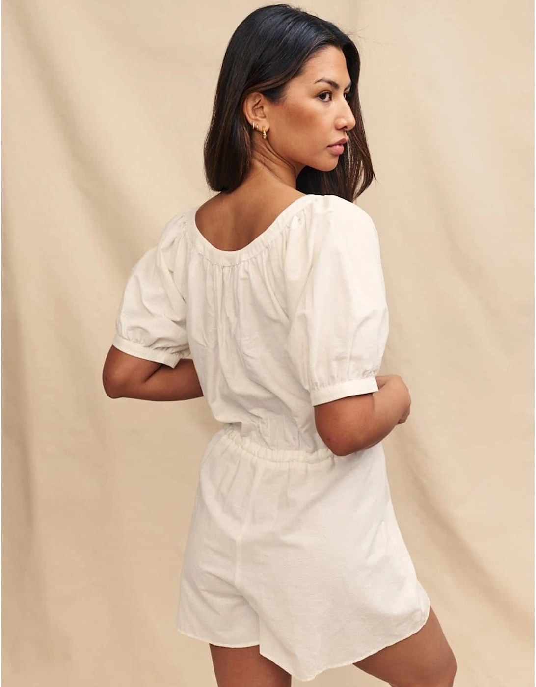 Drawstring Short Puff Sleeve Solid Patterned Playsuit