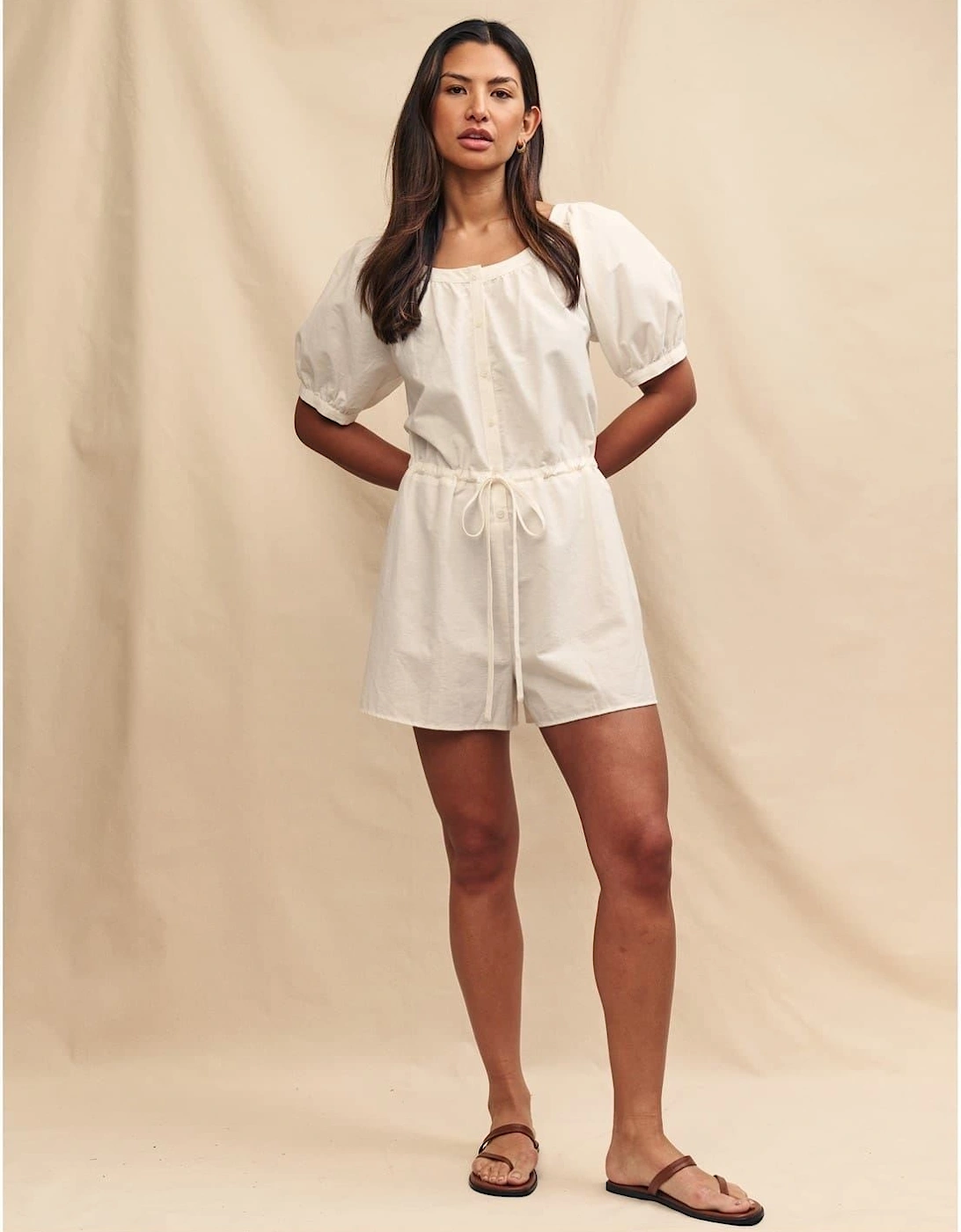 Drawstring Short Puff Sleeve Solid Patterned Playsuit