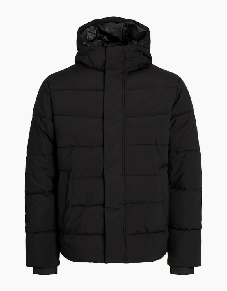 Solid Patterned Hooded Ribbed Cuff Puffer Jacket