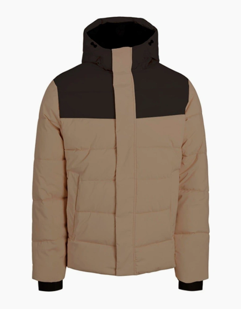 Solid Patterned Hooded Ribbed Cuff Puffer Jacket