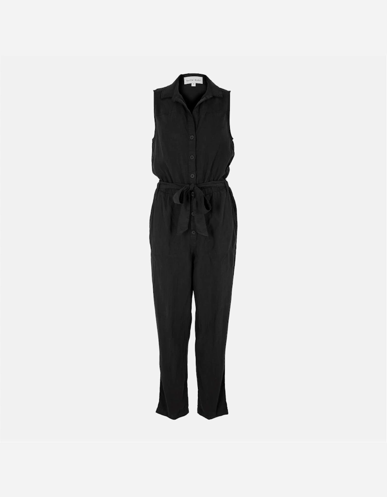 Collared Neck Solid Patterned Belted Jumpsuit