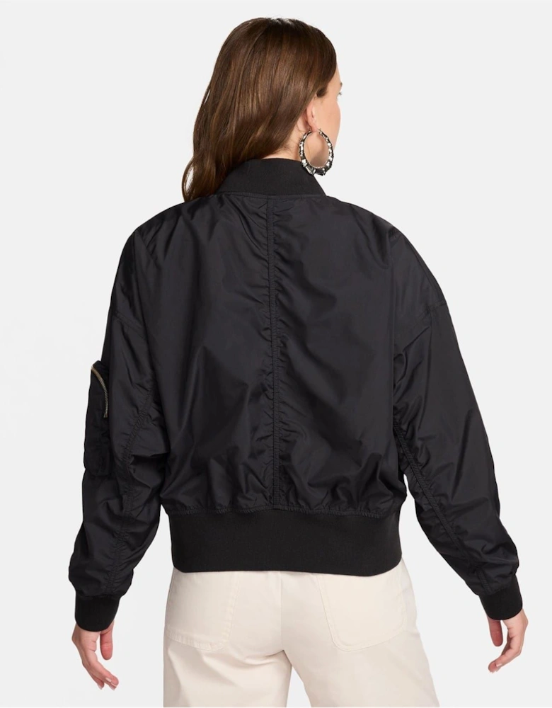 Ribbed Cuff Relaxed Fit Bomber Jacket with Hand Pockets