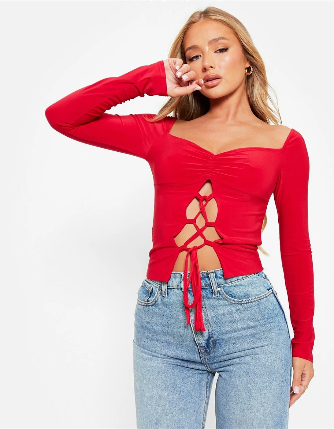 Lace Up Ruched Bust Double Layered Crop Top