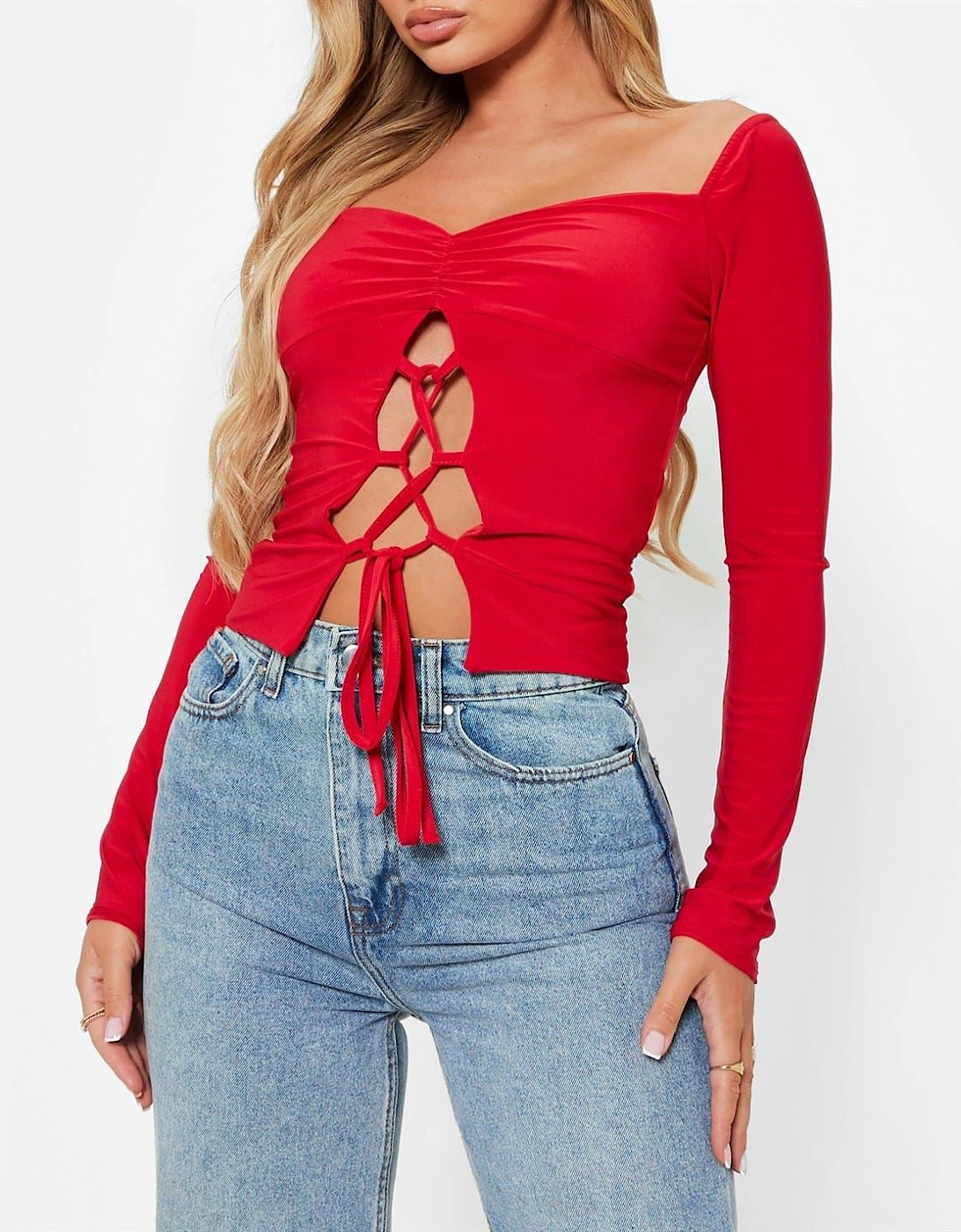 Lace Up Ruched Bust Double Layered Crop Top