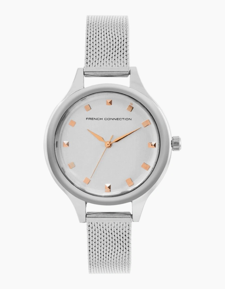 Connection Silver Case Round Shape Silver Strap Quartz Watch