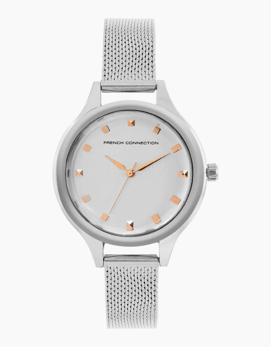 French Connection Women's Connection Silver Case Round Shape Silver Strap Quartz Watch - White