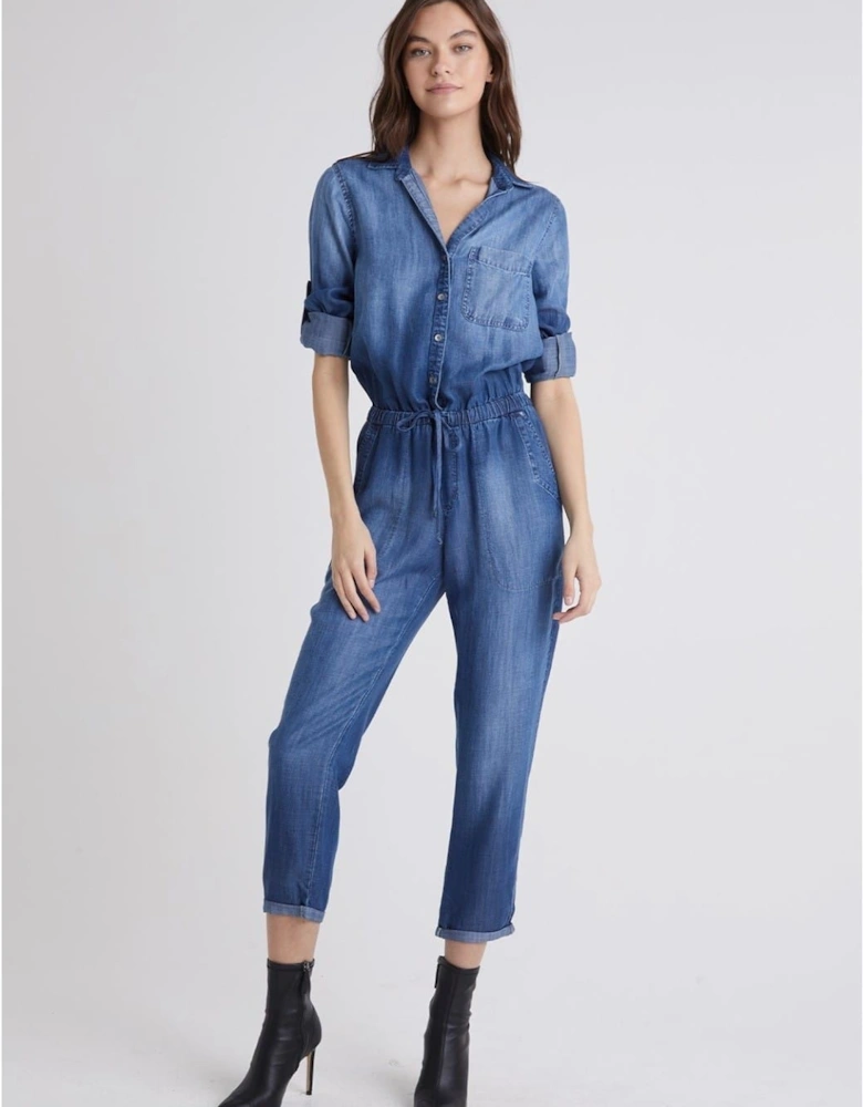 Collared Neck Three Quarter Sleeve Denim Jumpsuit