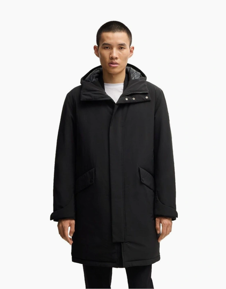 Solid Patterned Hooded Snap Button Flap Pocket Parka Coat