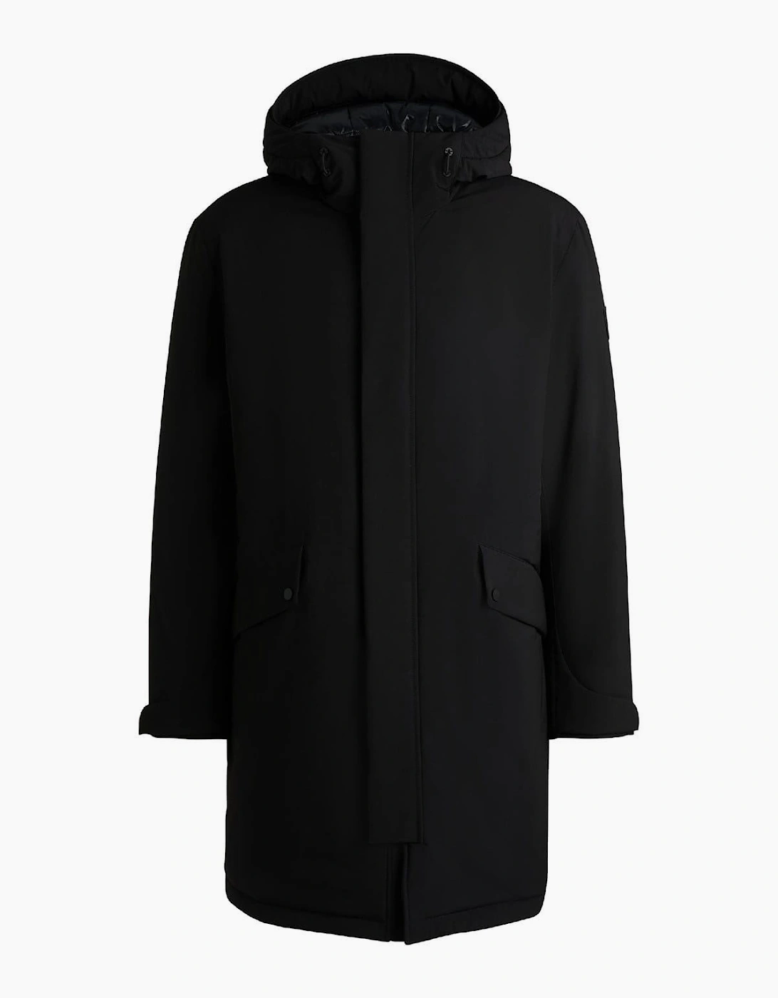 Solid Patterned Hooded Snap Button Flap Pocket Parka Coat