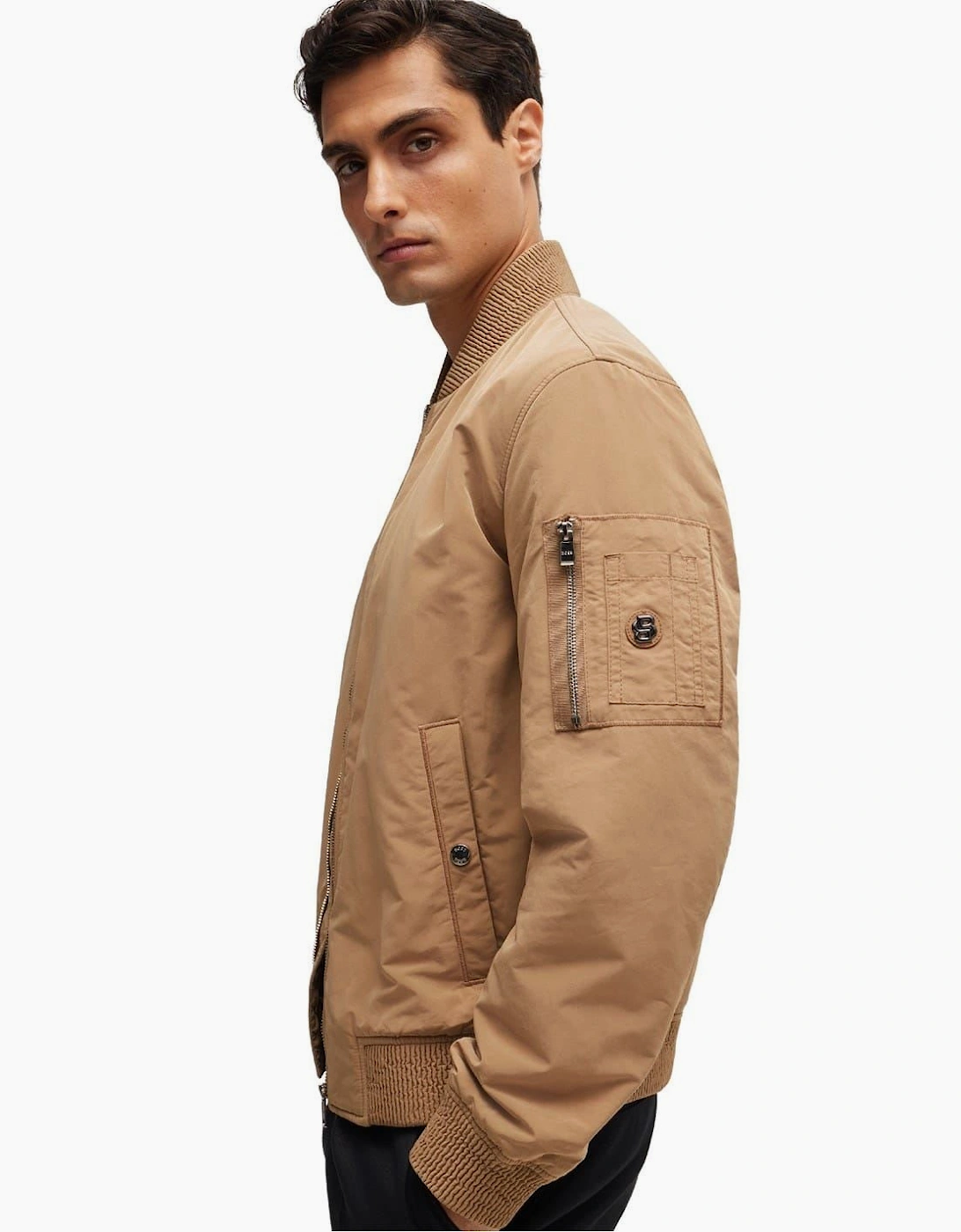 Solid Patterned Snap Button Bomber Jacket with Ribbed Cuff