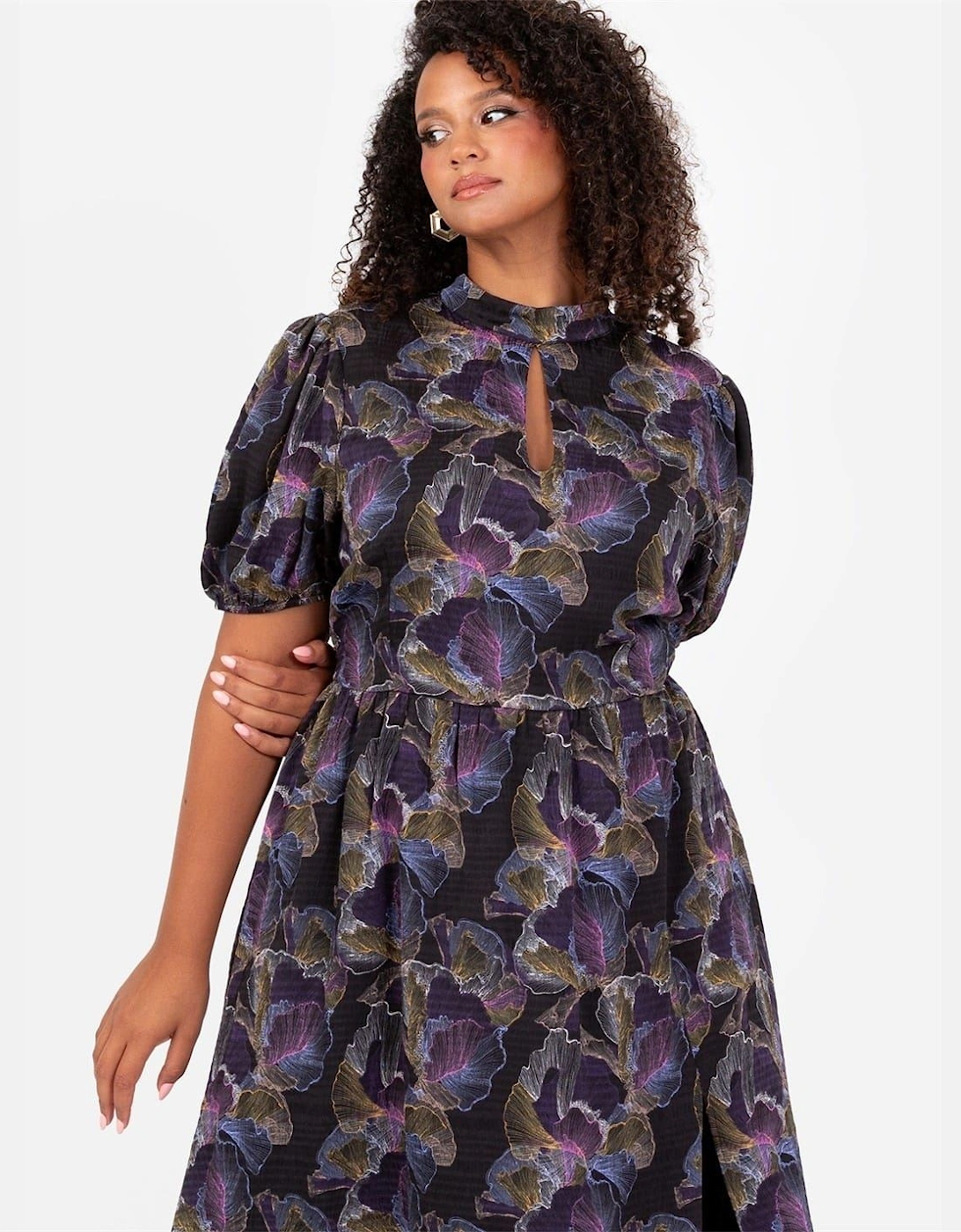 Keyhole Neck Short Sleeve Midi A-Line Dress