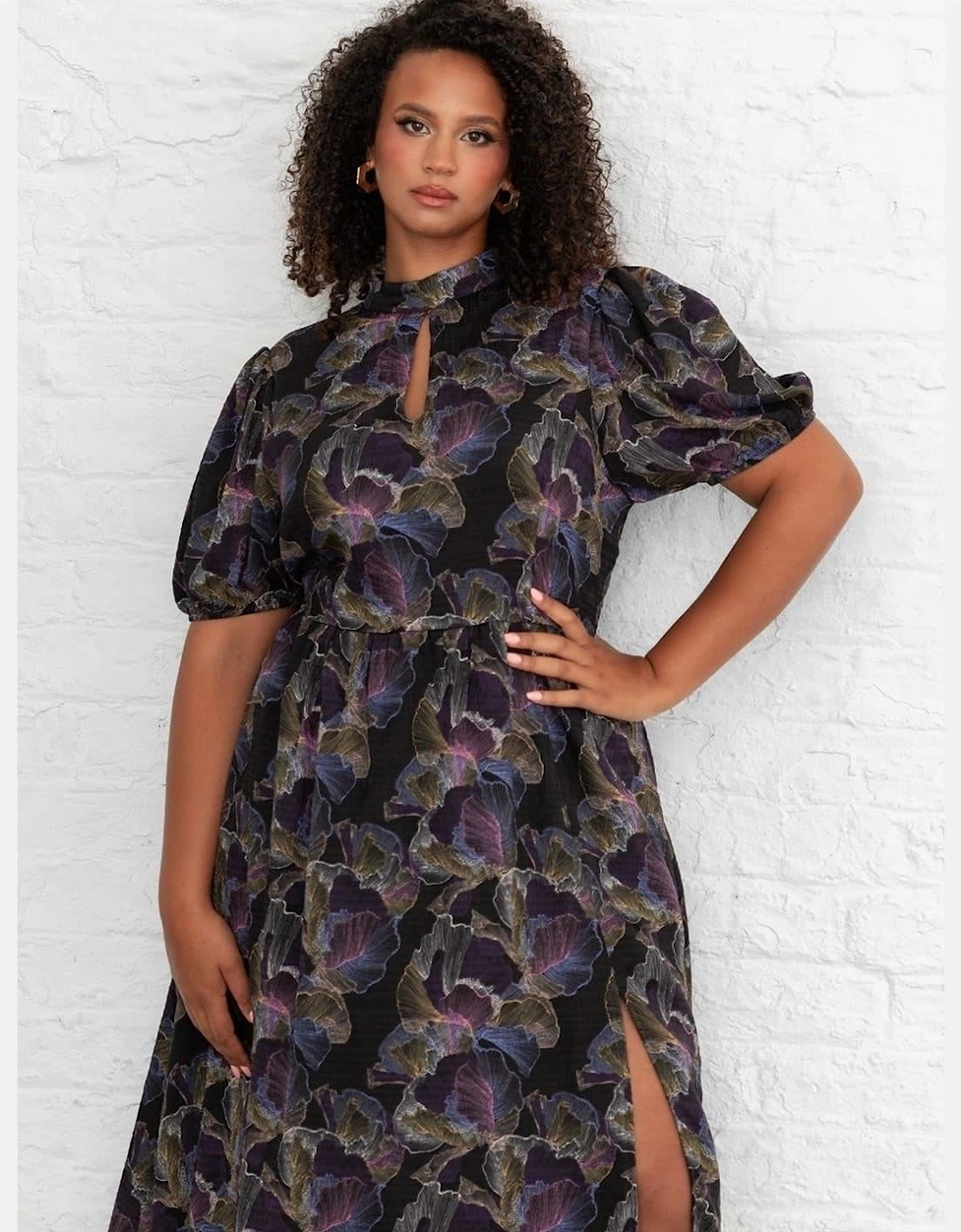 Keyhole Neck Short Sleeve Midi A-Line Dress