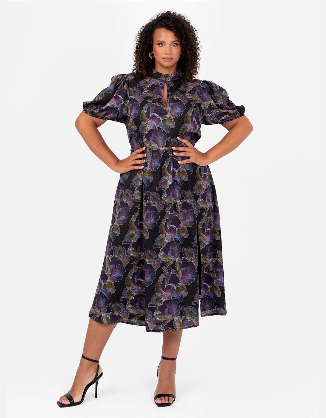 Keyhole Neck Short Sleeve Midi A-Line Dress