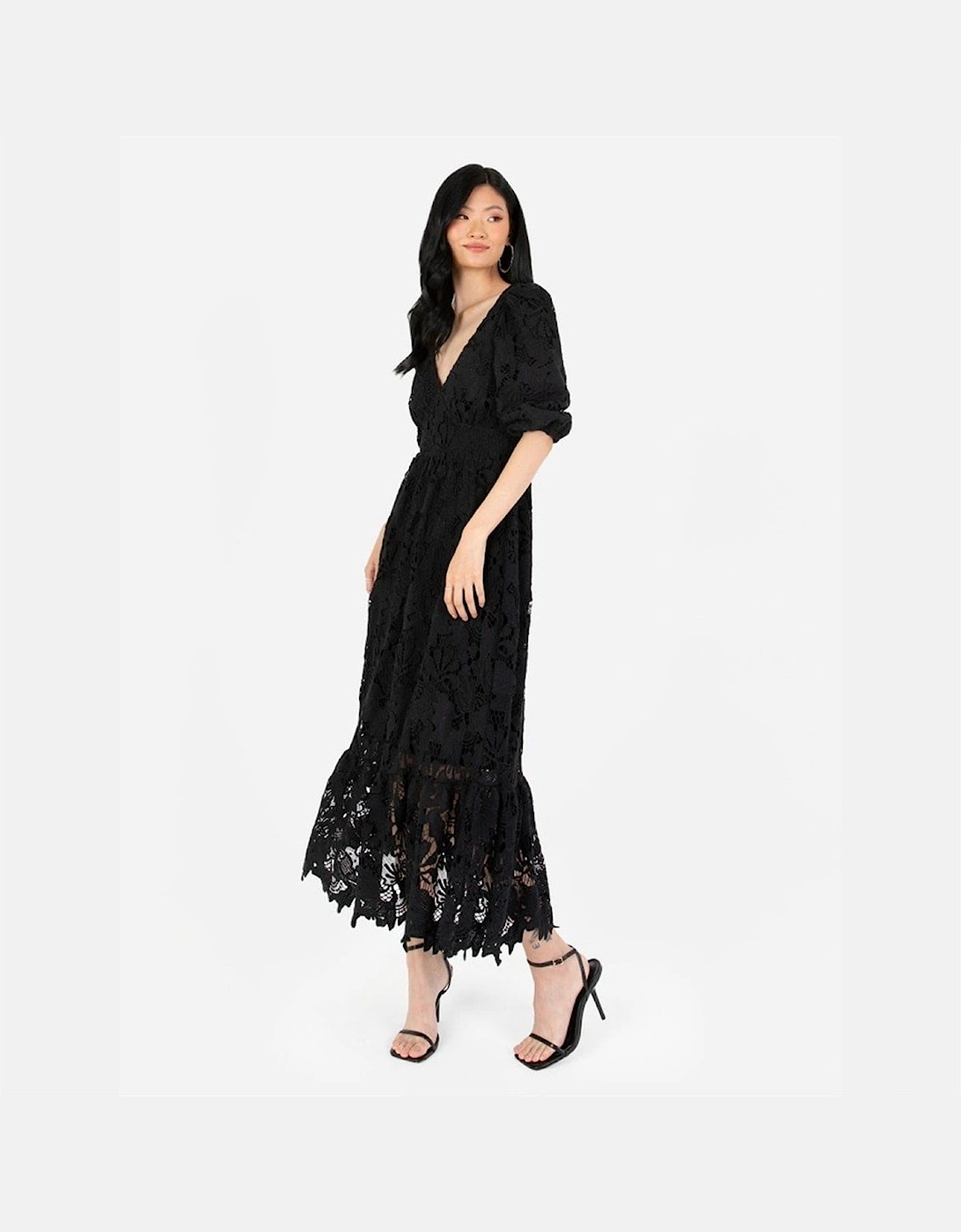 V-Neck Three Quarter Sleeve Midi Dress