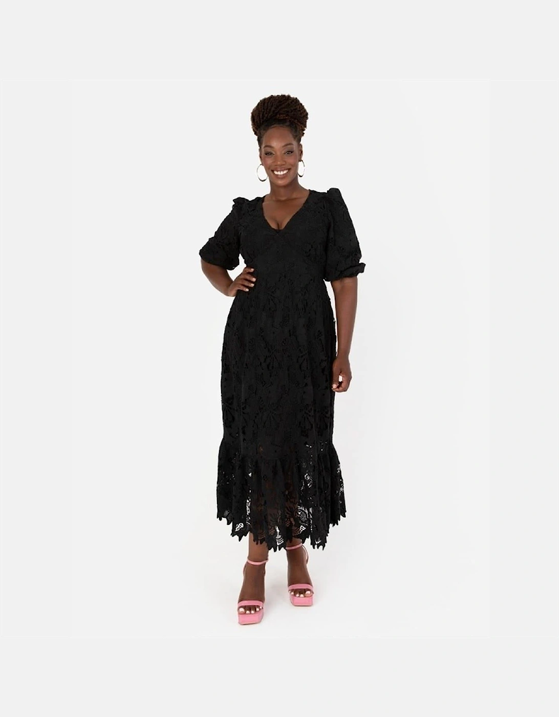 V-Neck Three Quarter Sleeve Midi Dress