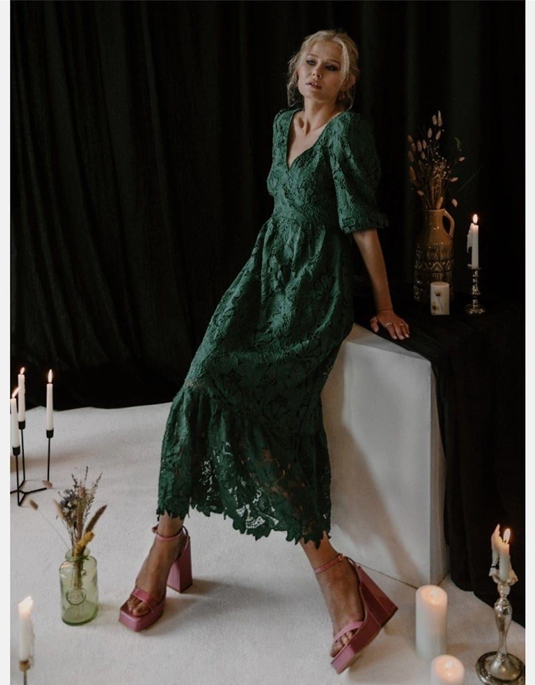 V-Neck Three Quarter Sleeve Midi Dress