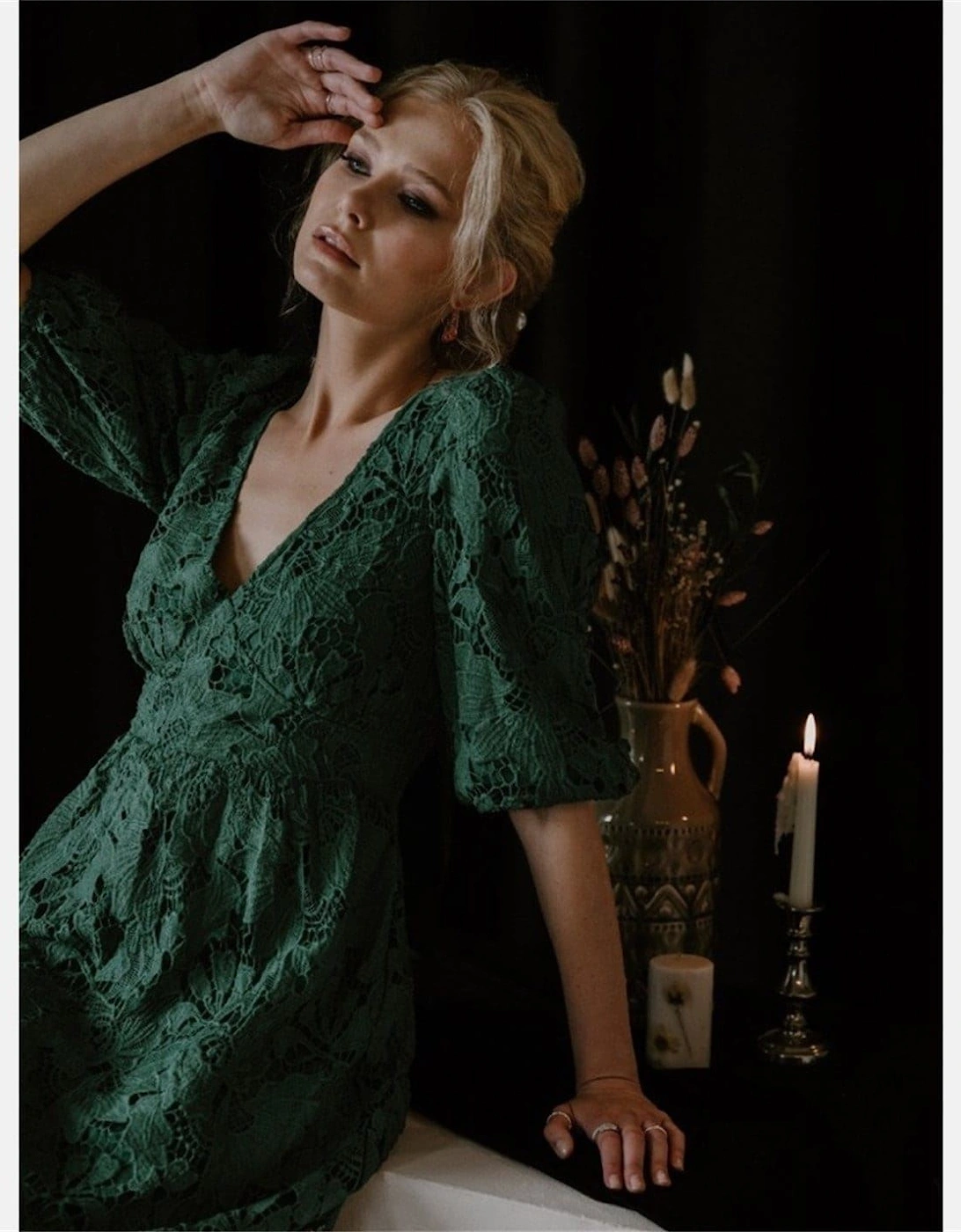 V-Neck Three Quarter Sleeve Midi Dress