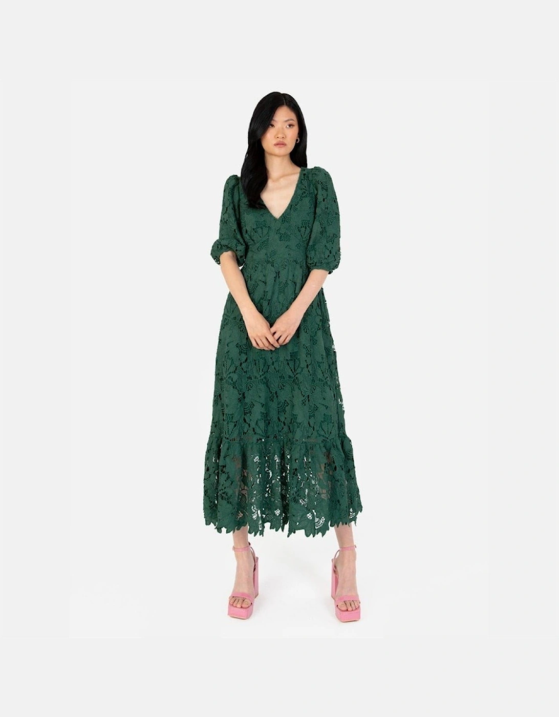 V-Neck Three Quarter Sleeve Midi Dress