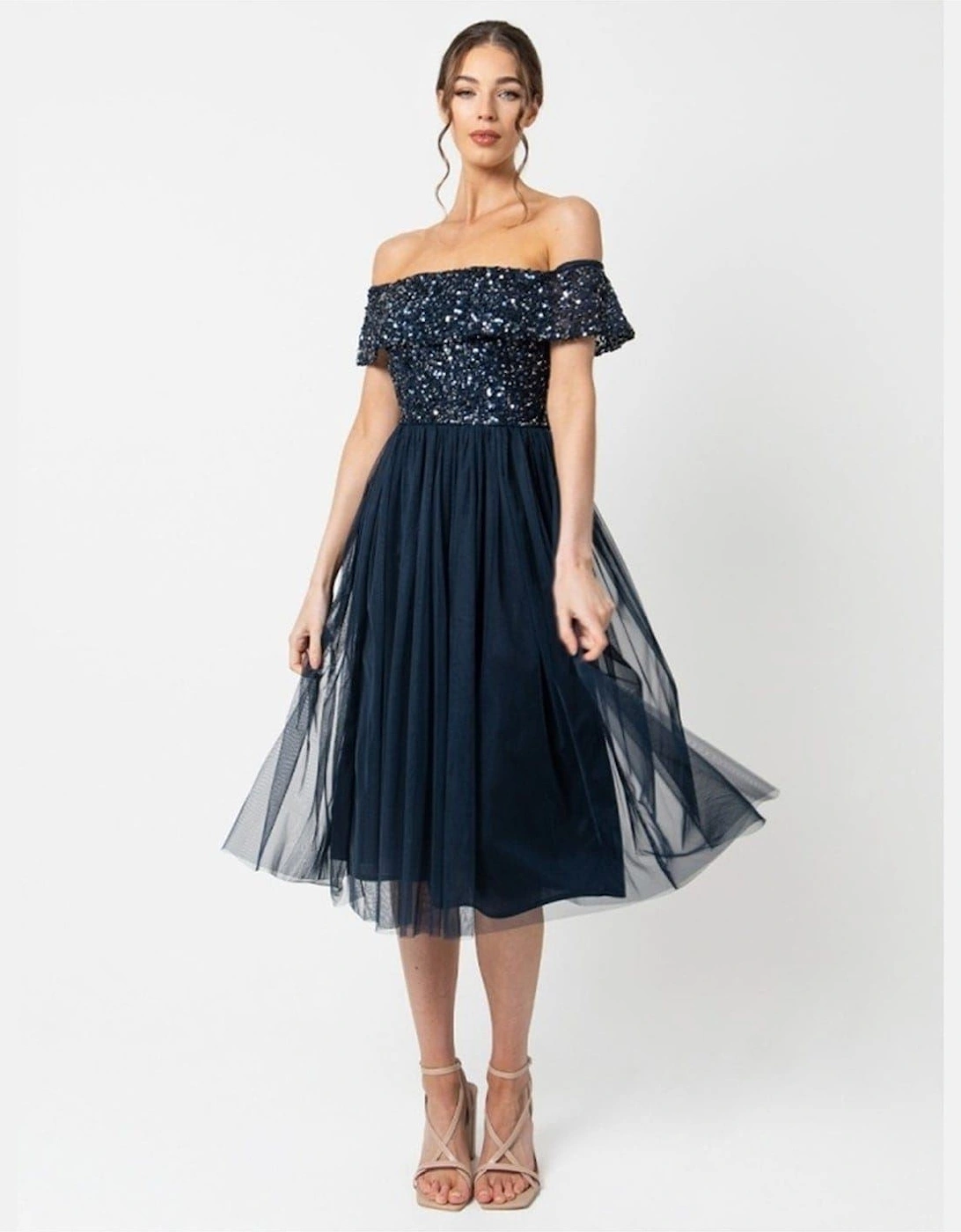 De Bardot Off The Shoulder Midi Babydoll Dress