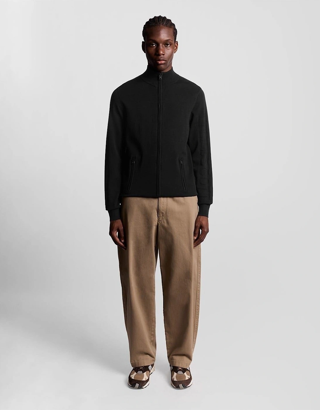 Solid Patterned Mock Neck Ribbed Cuff Zipped Pocket Track Jacket