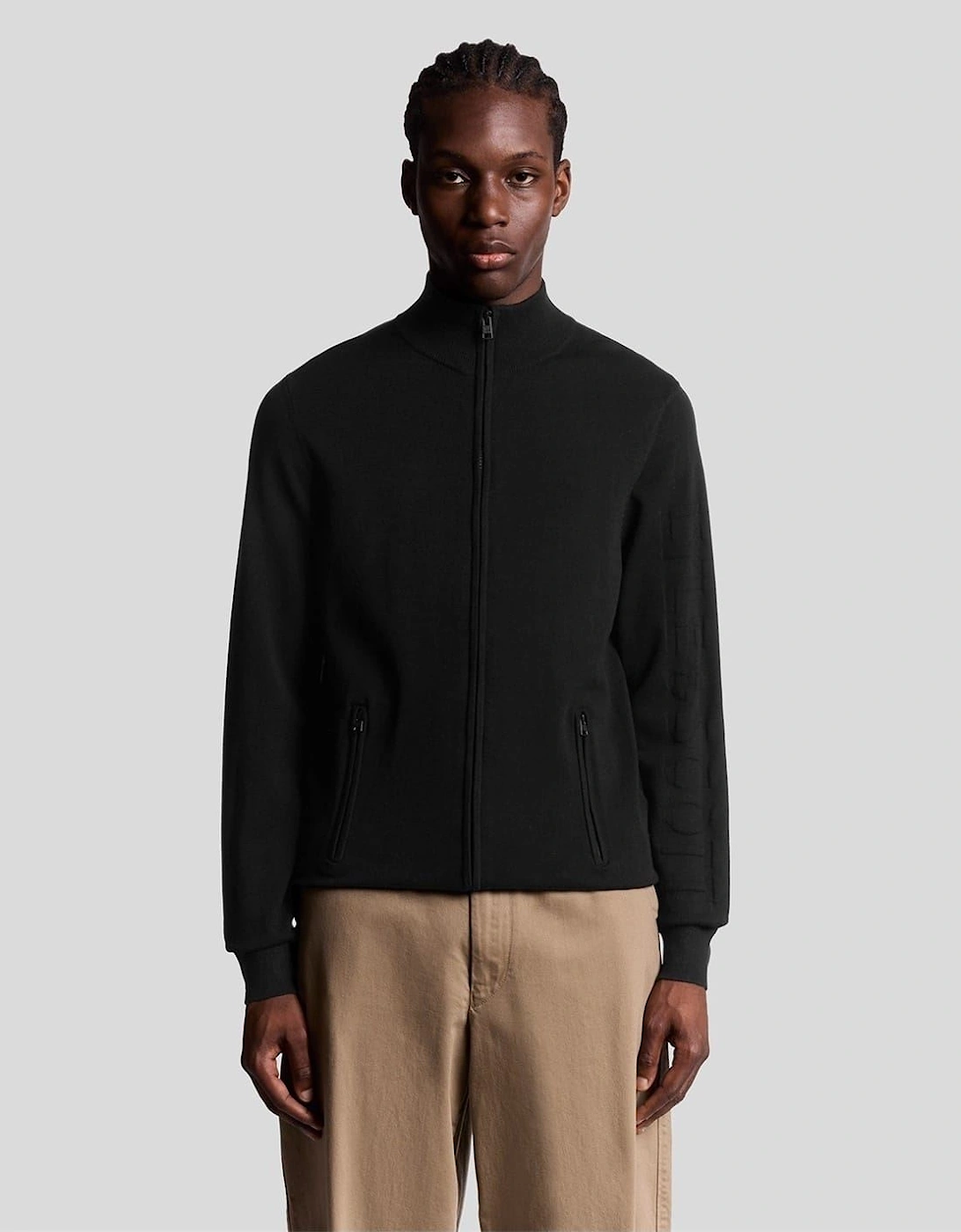 Solid Patterned Mock Neck Ribbed Cuff Zipped Pocket Track Jacket