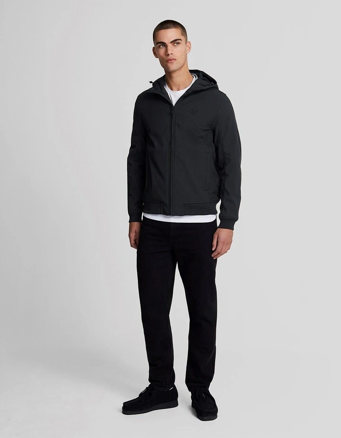Solid Patterned Hooded Ribbed Cuff Softshell Jacket