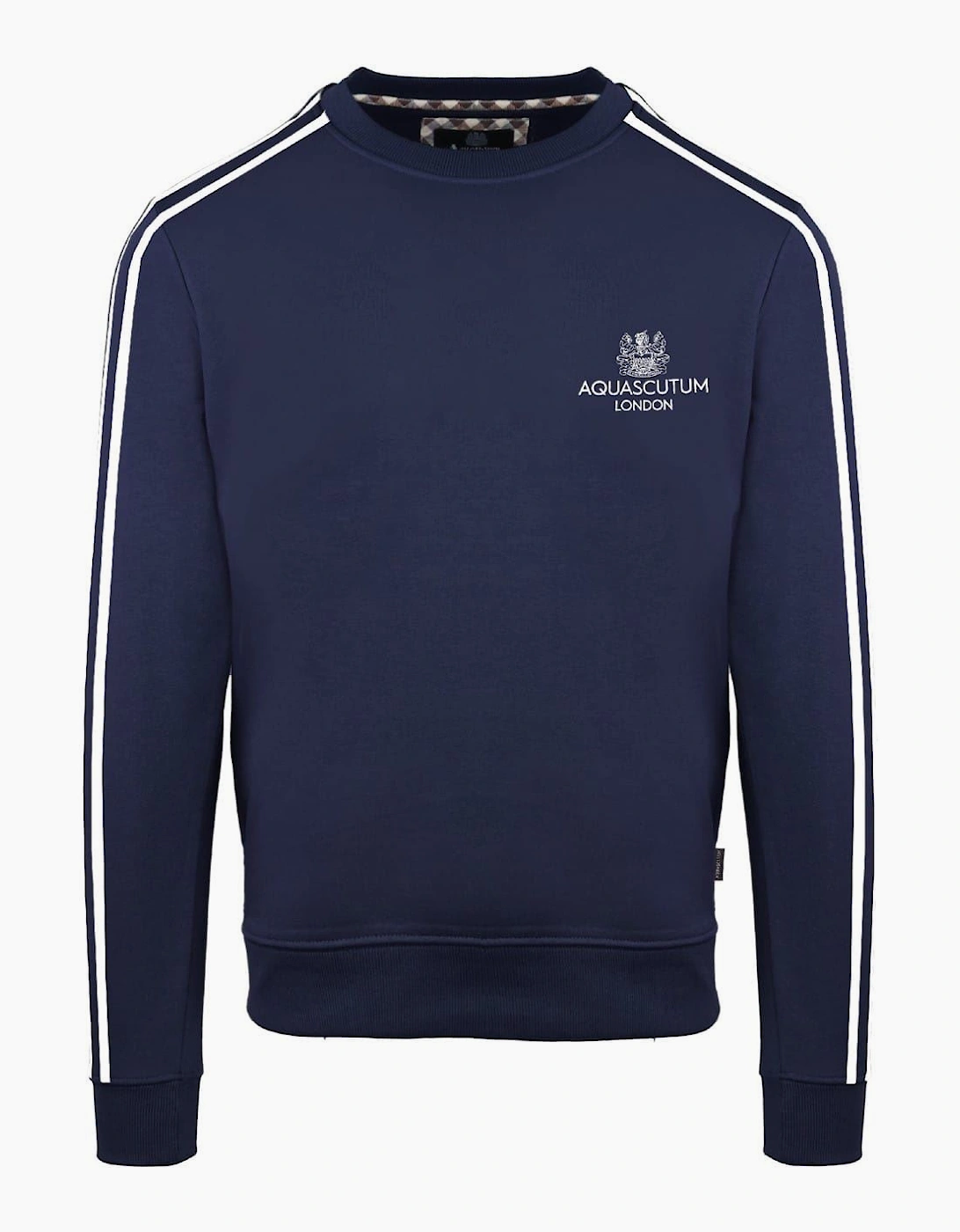 Aquascutum Men's Navy Embroidered Crew Neck Ribbed Collar Long Sleeve Sweatshirt - Size Large