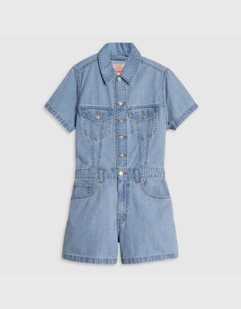 Collared Neck Short Sleeve Solid Patterned Playsuit