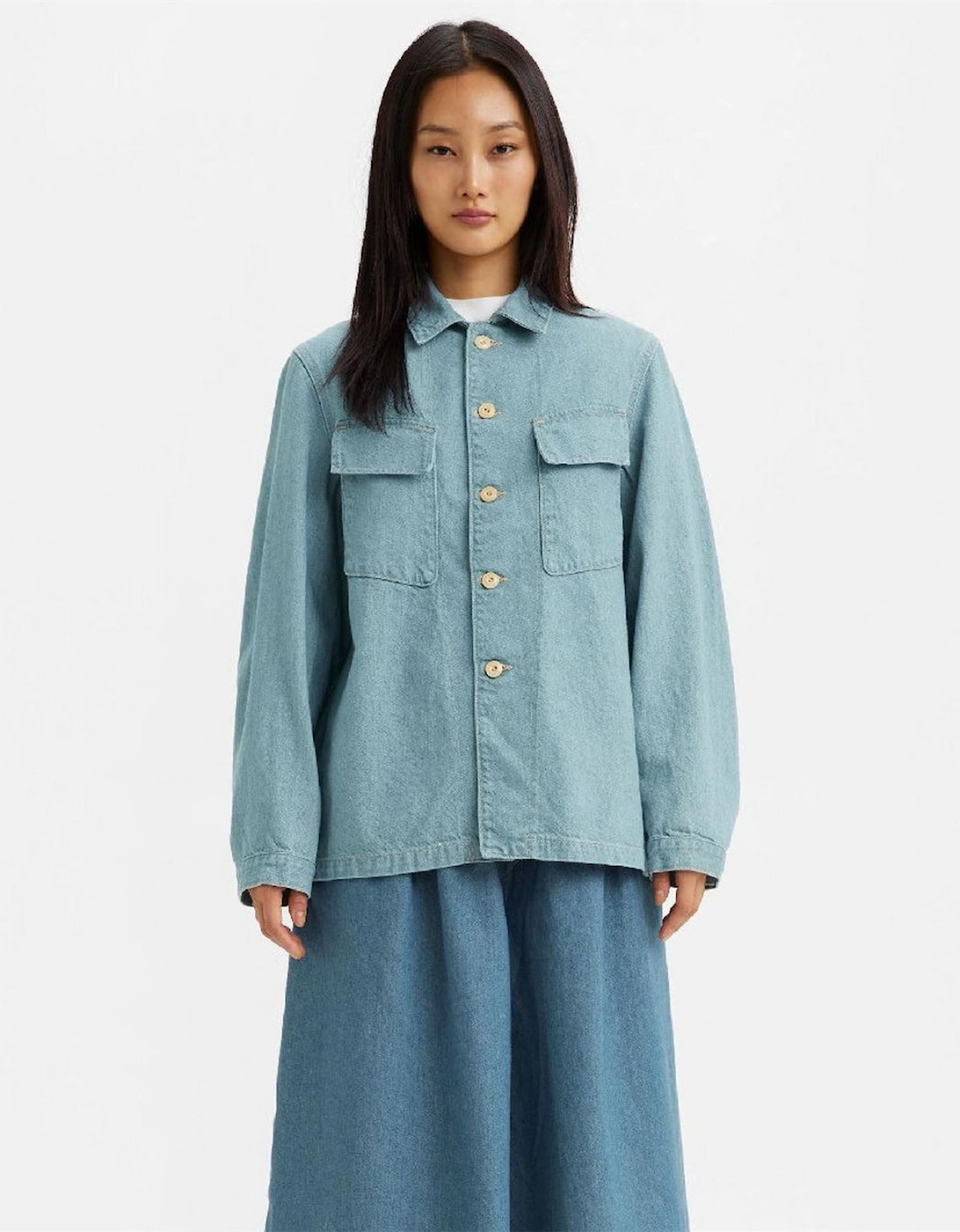 Solid Patterned Shirt Collar Chest Pocket Shirt Jacket