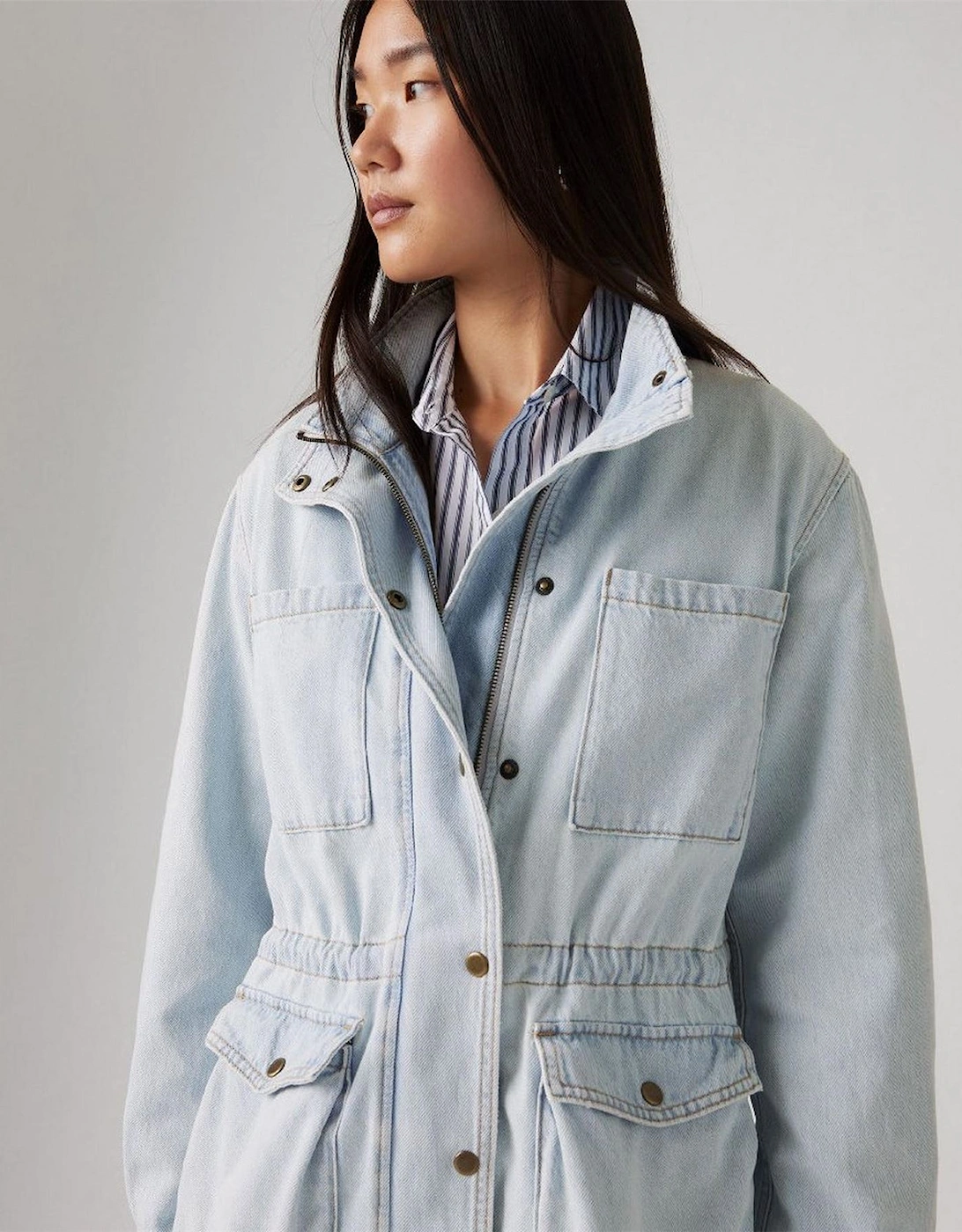 Karlie Solid Patterned Snap Button Press Stud Cuff Denim Jacket