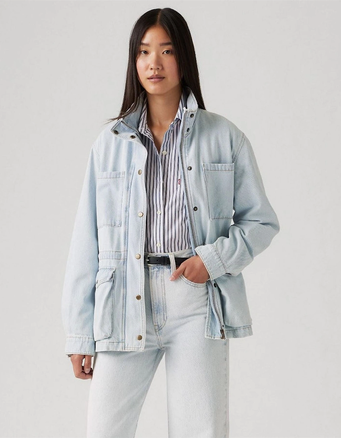 Karlie Solid Patterned Snap Button Press Stud Cuff Denim Jacket