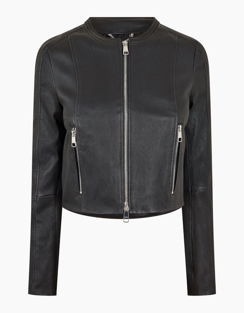 Solid Patterned Band Collared Leather Jacket with Zipped Pocket
