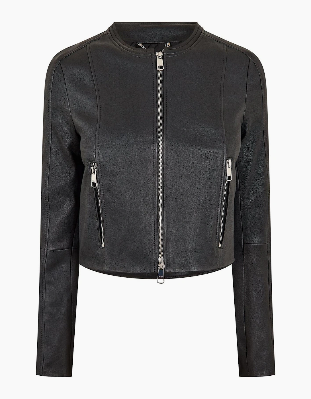 Solid Patterned Band Collared Leather Jacket with Zipped Pocket, 4 of 3