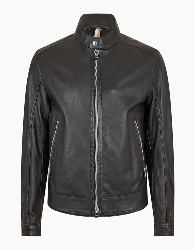 Solid Patterned Mock Neck Band Collared Zipped Pocket Jacket