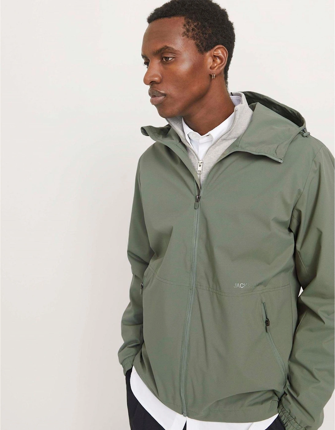 Hooded Windbreaker with Printed Logo and Zipped Pocket