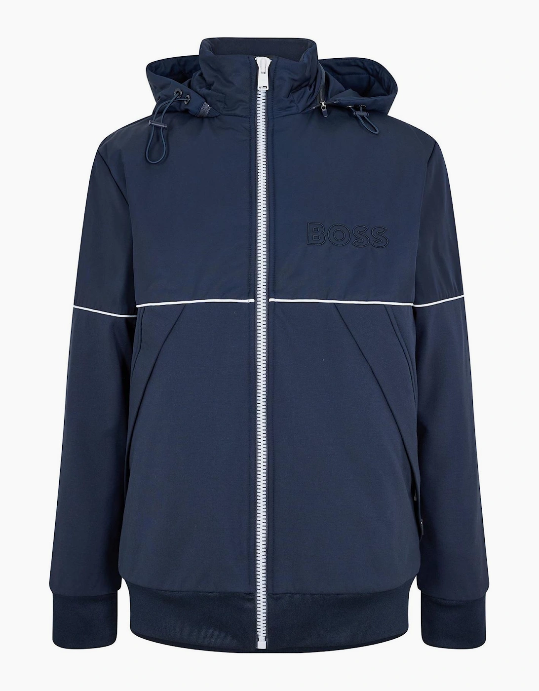 Solid Patterned Hooded Neck Drawstring Ribbed Cuff Track Jacket