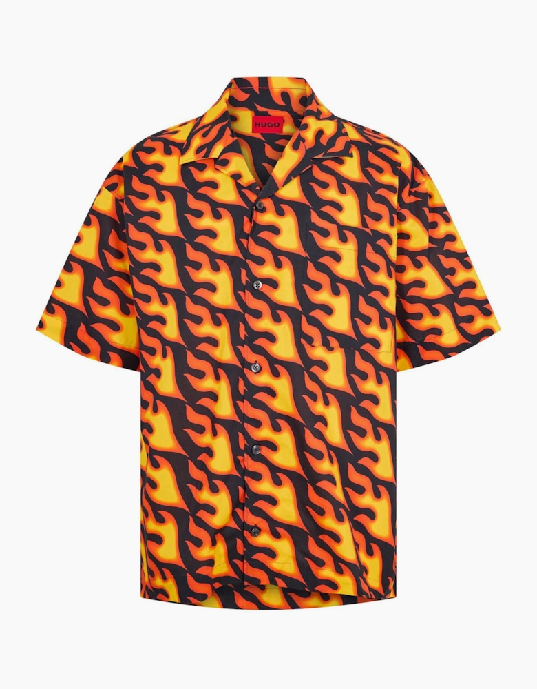 Flame Graphic Notch Collar Short Sleeve Oxford Shirt