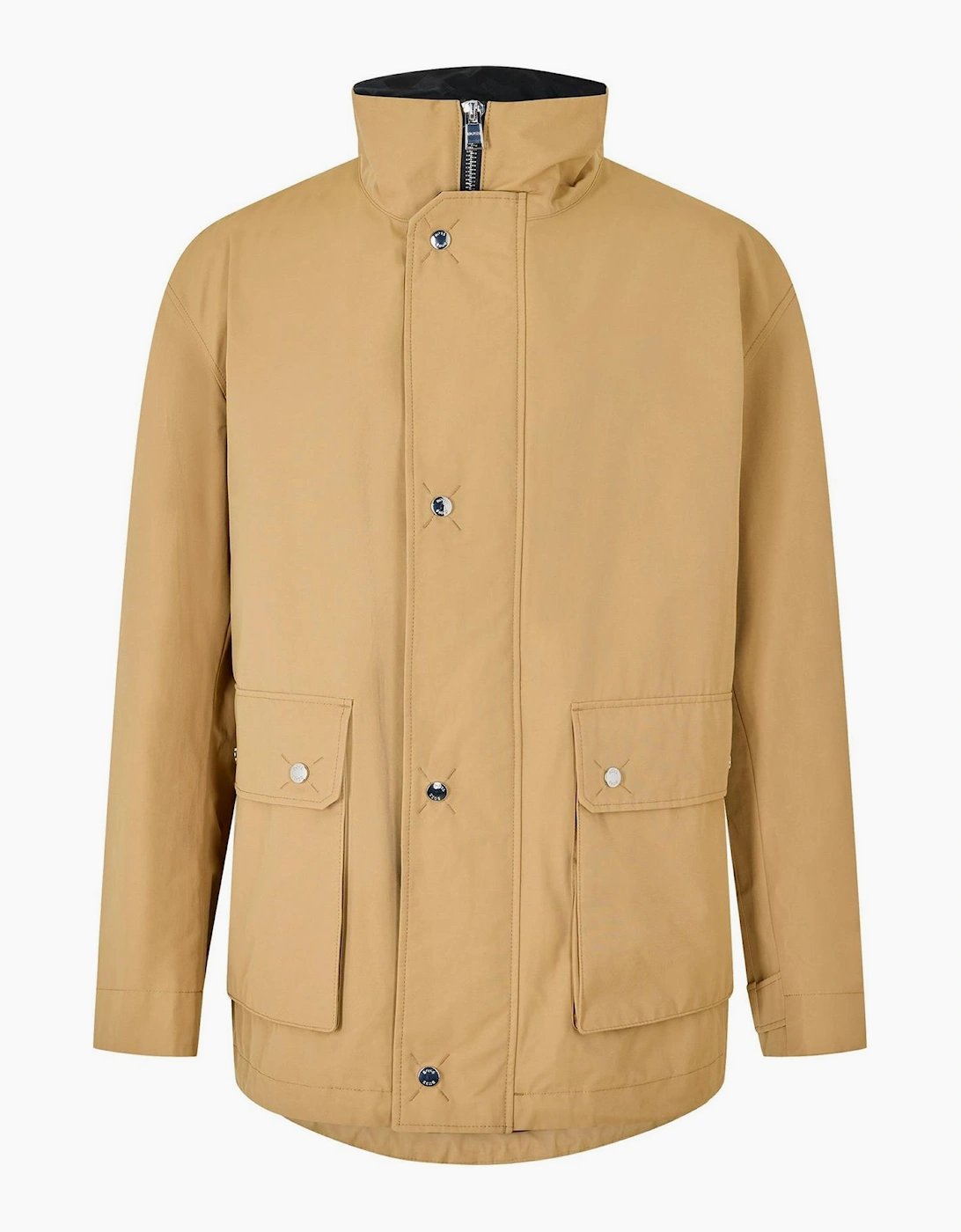 Boss Hugo Boss Men's Solid Patterned Snap Button Rain Jacket with Flap Pocket - Cream