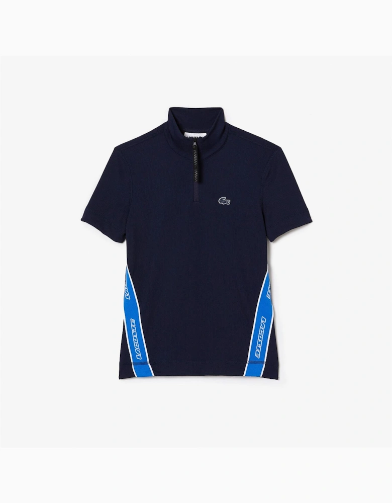 Ribbed Collar Zip Neck Short Sleeve Polo Shirt