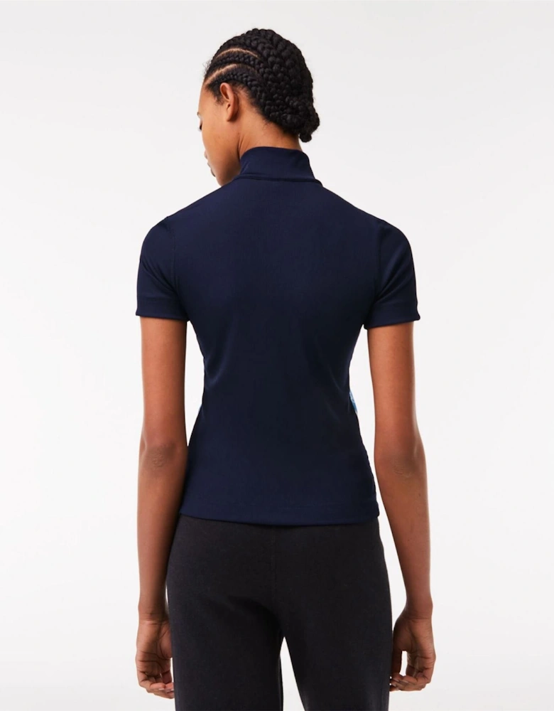 Ribbed Collar Zip Neck Short Sleeve Polo Shirt
